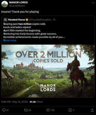 A post that reads: "nsane! Thank you for playing" over a quote tweet celebrating Manor Lord's 2 mil sold copies count.
