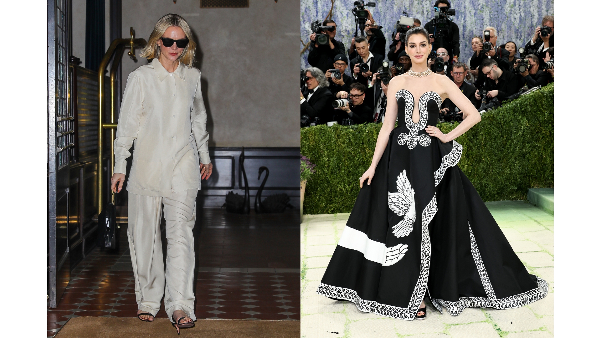 (L to R) Carey Mulligan is seen on April 16, 2026 in New York, New York, wearing a cream shirt and trouser outfit and with a burgundy pedicure. Alongside a picture of Anne Hathaway wearing a black and white dress and seen with what looks to be a burgundy pedicure at the 2026 Met Gala, celebrating "Costume Art" at the Metropolitan Museum of Art on May 04, 2026 in New York City.