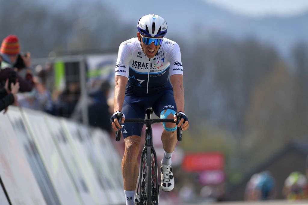 MUR DE HUY BELGIUM APRIL 21 Michael Woods of Canada and Team Israel StartUp Nation on arrival during the 85th La Fleche Wallonne 2021 Men Elite a 1936km race from Charleroi to Mur de Huy 204m FlecheWallonne on April 21 2021 in Mur de Huy Belgium Photo by Luc ClaessenGetty Images