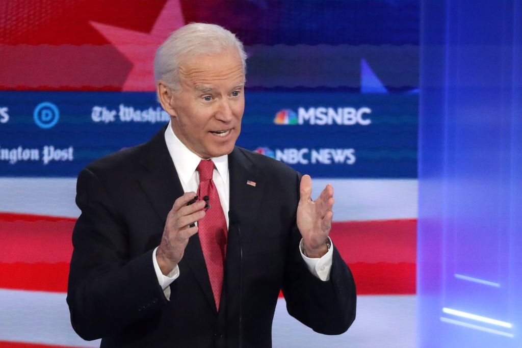 Former Vice President Joe Biden speaks during the Democratic Presidential Debate at Tyler Perry Studios November 20, 2019 in Atlanta, Georgia