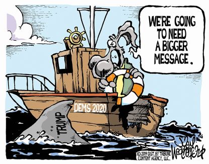 Political Cartoon U.S. Dems 2020 Trump Shark Jaws Hooper