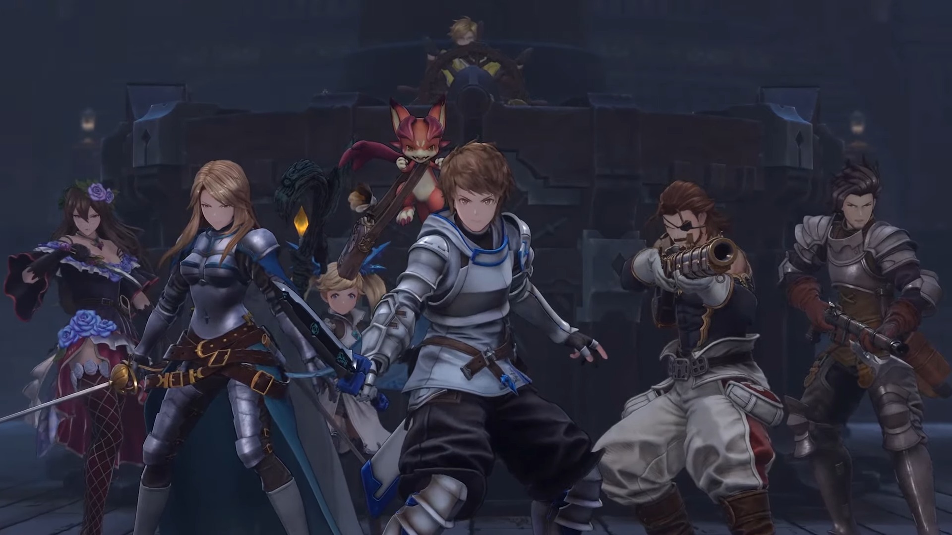 Granblue Fantasy: Relink characters line up to take on something fantastical with armor and weapons.