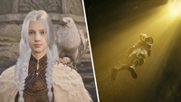Left: A maiden in Mistfall Hunter smiles with a raven perched upon her shoulder. Right: A hero in Mistfall Hunter ascends into a golden light.