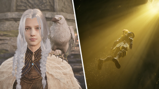 Left: A maiden in Mistfall Hunter smiles with a raven perched upon her shoulder. Right: A hero in Mistfall Hunter ascends into a golden light.