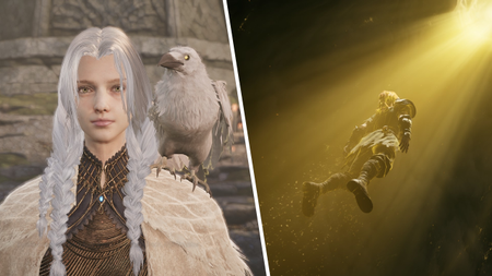 Left: A maiden in Mistfall Hunter smiles with a raven perched upon her shoulder. Right: A hero in Mistfall Hunter ascends into a golden light.