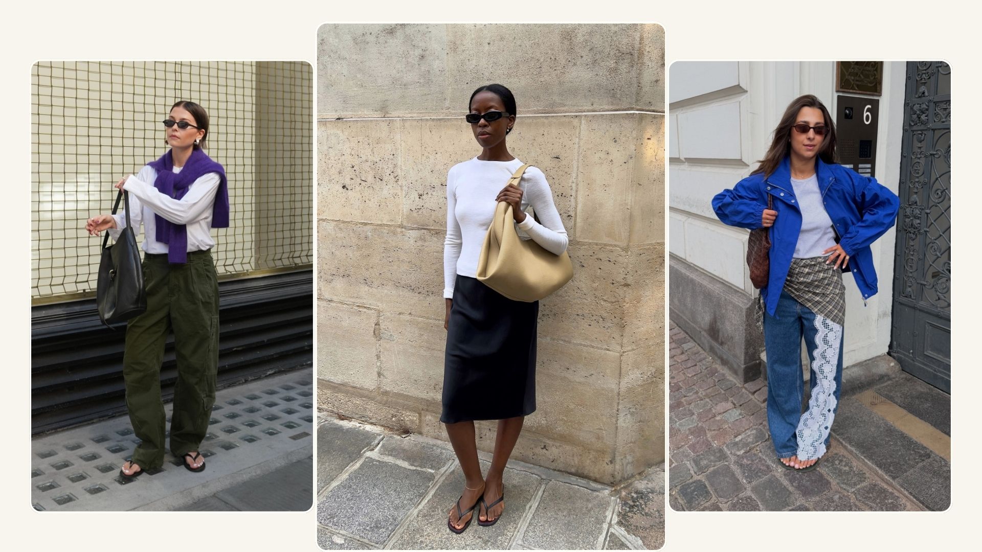Woman wears blue top and white trousers, woman wear brown dress, woman wears linen shirt and blue shorts
