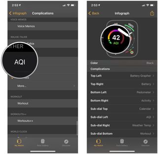 Add Air Quality Index complication on Apple Watch by showing steps: Scroll down to Weather, tap AQI to select the complication