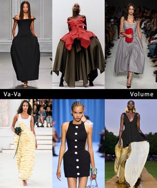A collage of runway images featuring voluminous dresses.