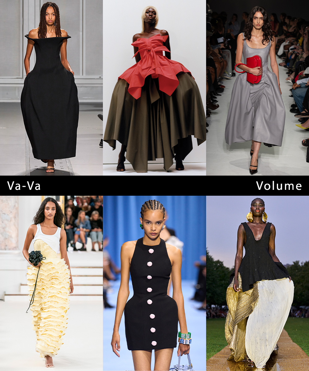 a collage of runway images featuring the maximalist spring trend:  voluminous dresses