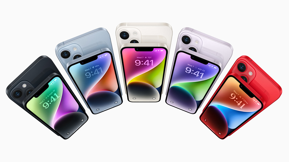 Imagen del producto del iPhone 14 y el iPhone 14 Plus en cinco colores