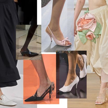 a collage of the spring 2026 shoe trends at Bottega Veneta, Victoria Beckham, Prada, Dior, Chanel, and Simone Rocha