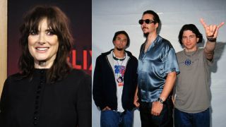 Winona Ryder at the Stranger Things premiere and Primus posing backstage in 1997