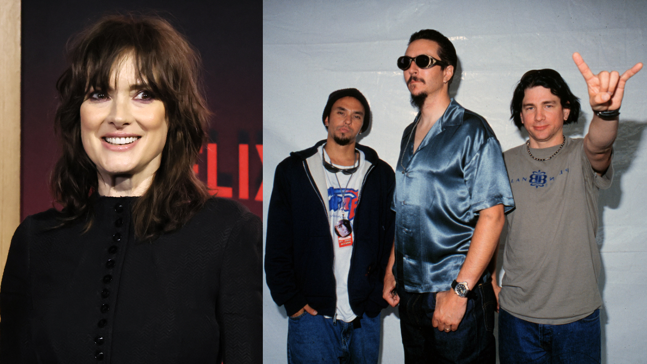 Winona Ryder at the Stranger Things premiere and Primus posing backstage in 1997