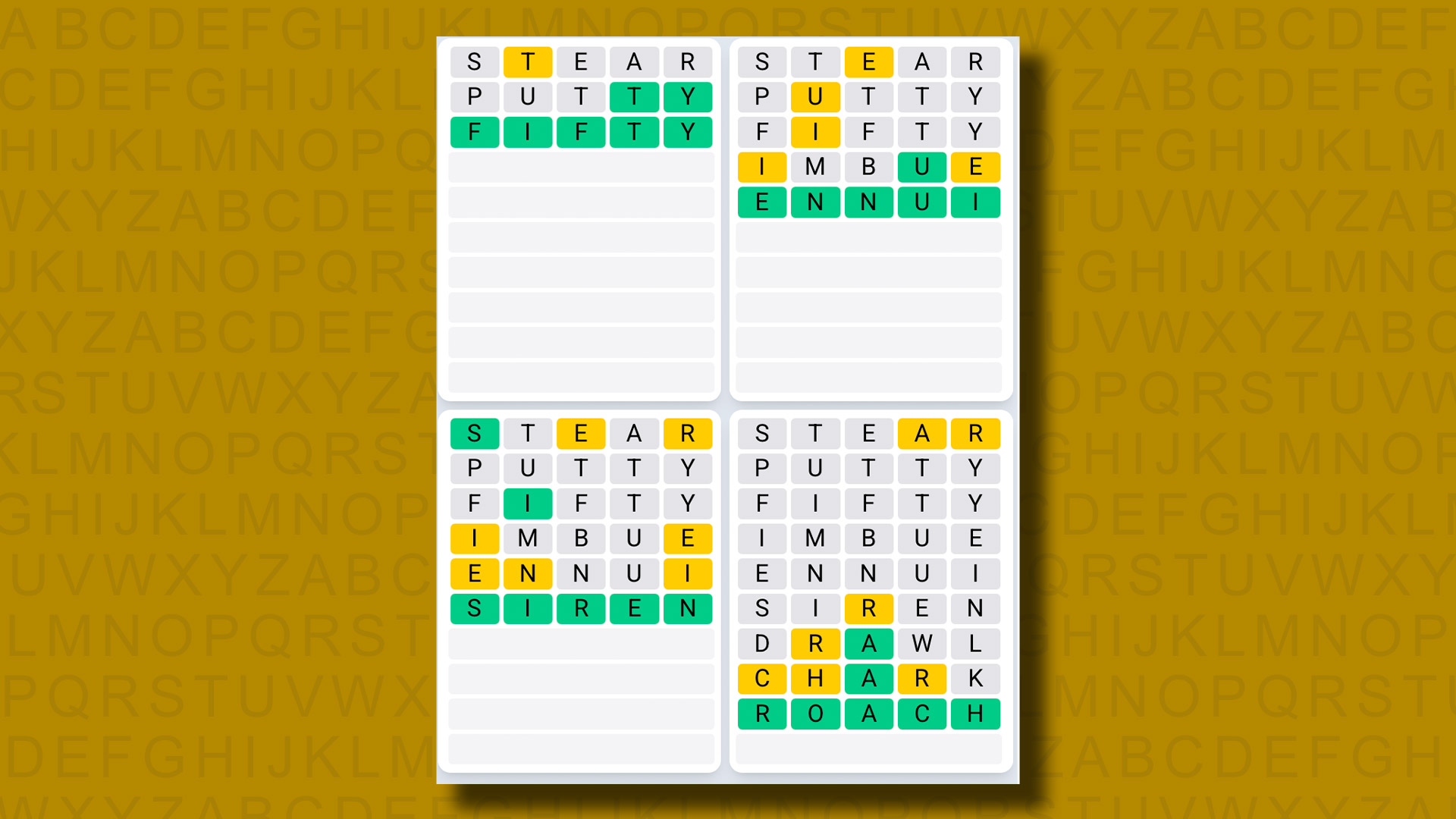 Quordle Daily Sequence answers for game 1239 on a yellow background