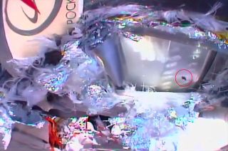 Circled in red, the hole in the Soyuz MS-09 spacecraft that corresponded to a pressure leak on the International Space Station in August 2018. The hole, which was patched from the inside the station, was exposed and inspected by Russian cosmonauts Oleg Kononenko and Sergey Prokopyev, both Expedition 57 flight engineers, during a Dec. 11, 2018 spacewalk.