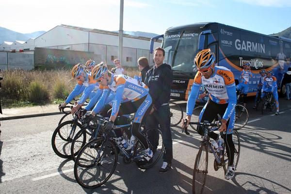 Garmin-Transitions riders about to embark on a session on their time trial bikes.