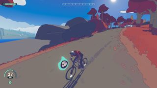 Wheel World screenshot of a character riding a bike through a cell-shaded world with a floating skull illuminated by a blue flame beside them