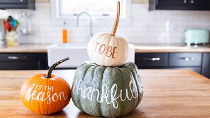 Stacked multi-colored pumpkins with painted fall wording on the counter of a modern kitchen 