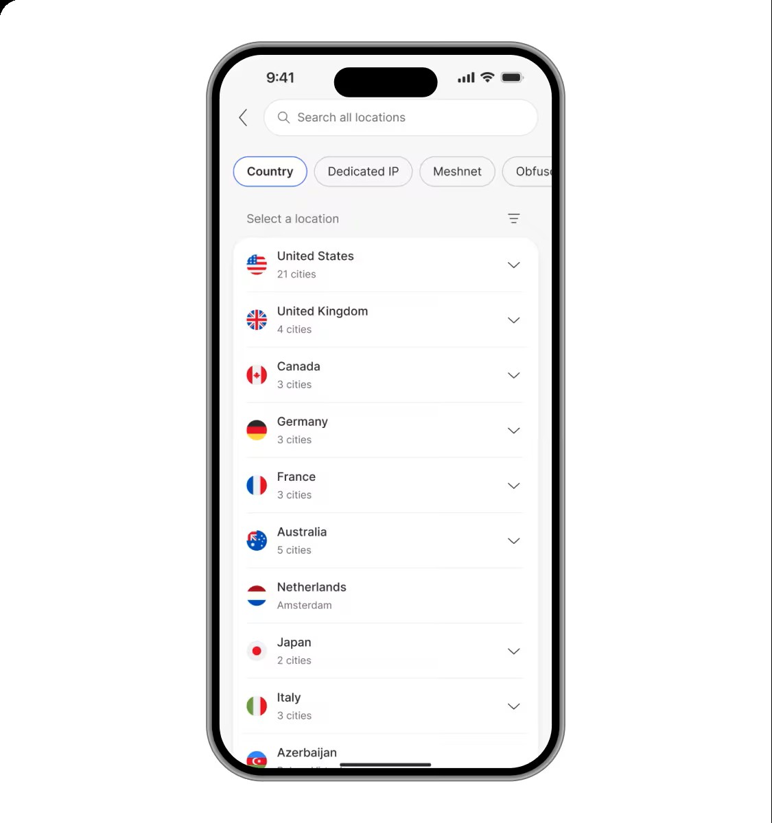 A concept image of NordVPN's redesign for its mobile apps' server list