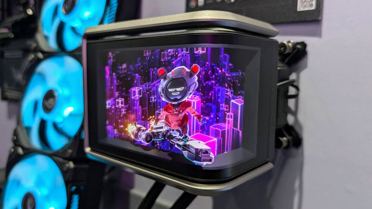 The ROG Ryuo IV SLC 360 ARGB cooler showing 3D effect at Computex 2025