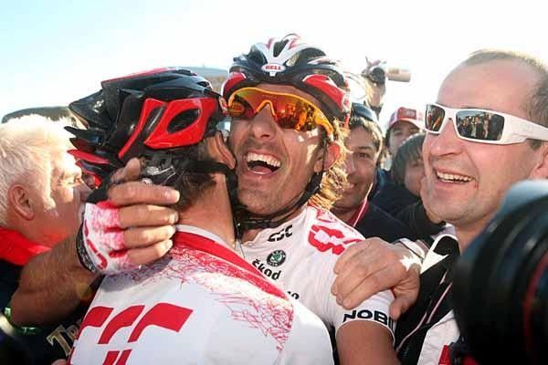Canellara celebrates with a team-mate after his outstanding performance.