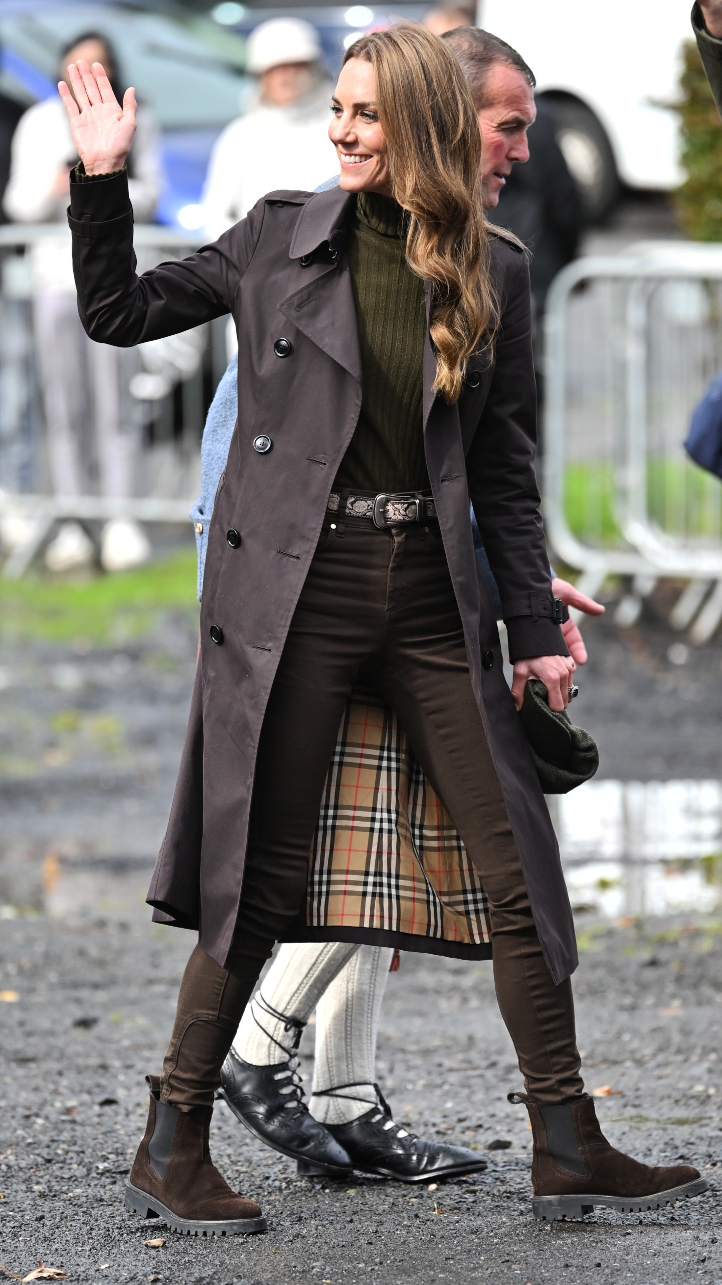 Catherine, Princess of Wales, waves as she arrives for a visit to Bute Shinty Club in Rothesay