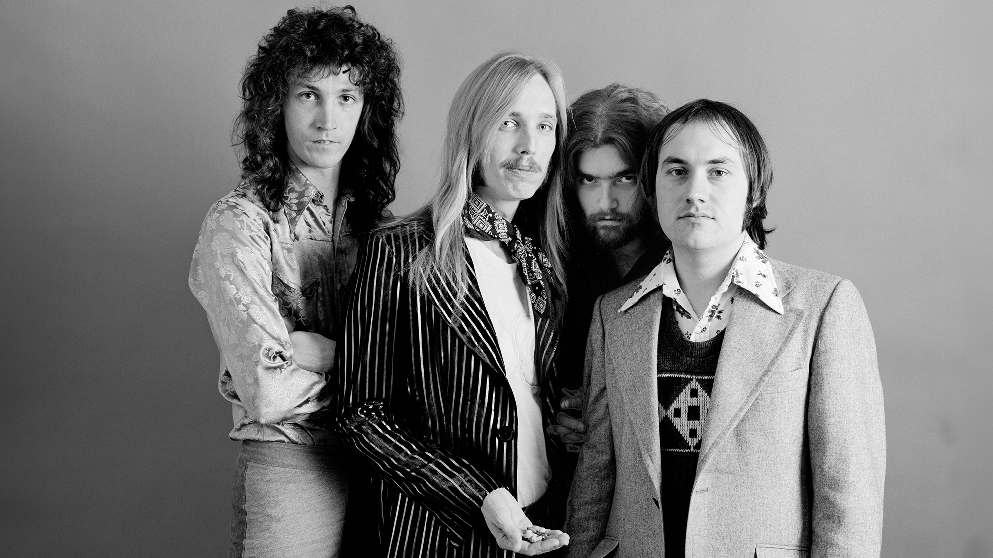 (from left) Mike Campbell, Tom Petty, Tom Leadon and Randall Marsh of the rock and roll band "Mudcrutch" pose for a portrait session in December 1974 in Los Angeles, California.