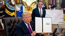 Trump Renames Lake Ontario As Lake America, Stoking Canada SpatUS President Donald Trump displays a signed executive order in the Oval Office of the White House in Washington, DC, US, on Thursday, Aug. 27, 2026. Trump announced he was moving to rename Lake Ontario as Lake America, escalating his clash with Canada after trade negotiations between the two nations collapsed. Photographer: Al Drago/The Washington Post/Bloomberg via Getty Images