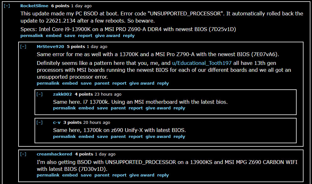 Reddit chat about Windows 11 BIOS issues