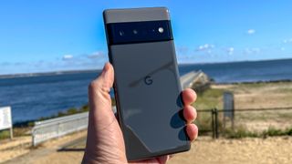 pixel 6 pro in hand on a beach
