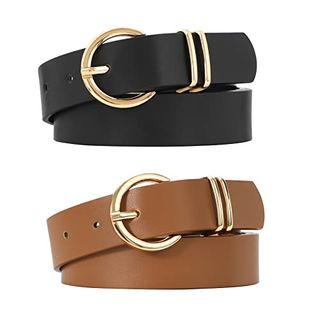 Vonmelli 2 Pack Women's Leather Belts for Jeans Pants Fashion Gold Buckle Ladies Belt Black Brown M