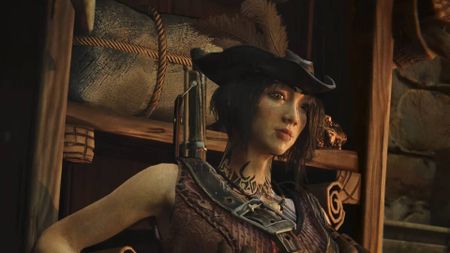 Windrose early access release date reveal trailer screenshot shows a female pirate with tattoos on her neck wearing a hat.