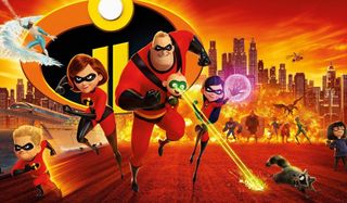 Incredibles 2 the family runs into action with the logo and explosions behind them