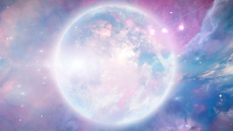 June Full Moon 2022: Bright moon in vivid nebulous deep space - stock illustration