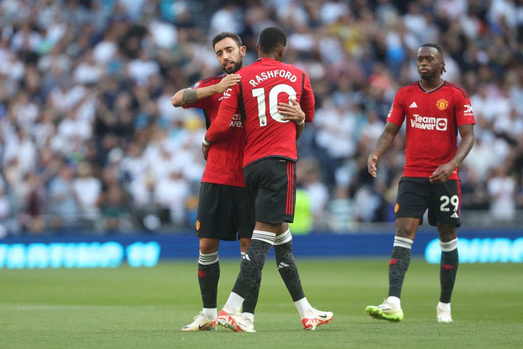 Manchester United vs Nottingham Forest live stream Manchester United&#039;s Bruno Fernandes and Marcus Rashford embrace prior to kick-off during the Premier League match between Tottenham Hotspur and Manchester United at Tottenham Hotspur Stadium on August 19, 2023 in London, England. (Photo by Rob Newell - CameraSport via Getty Images)