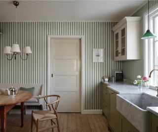 striped green wallpaper in kitchen