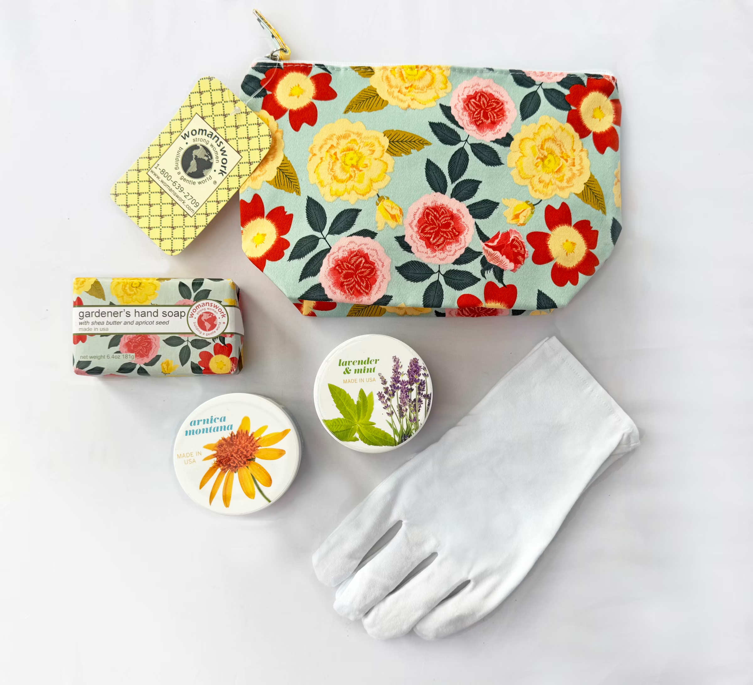 Soap, hand cream, gloves, and floral zipper bag