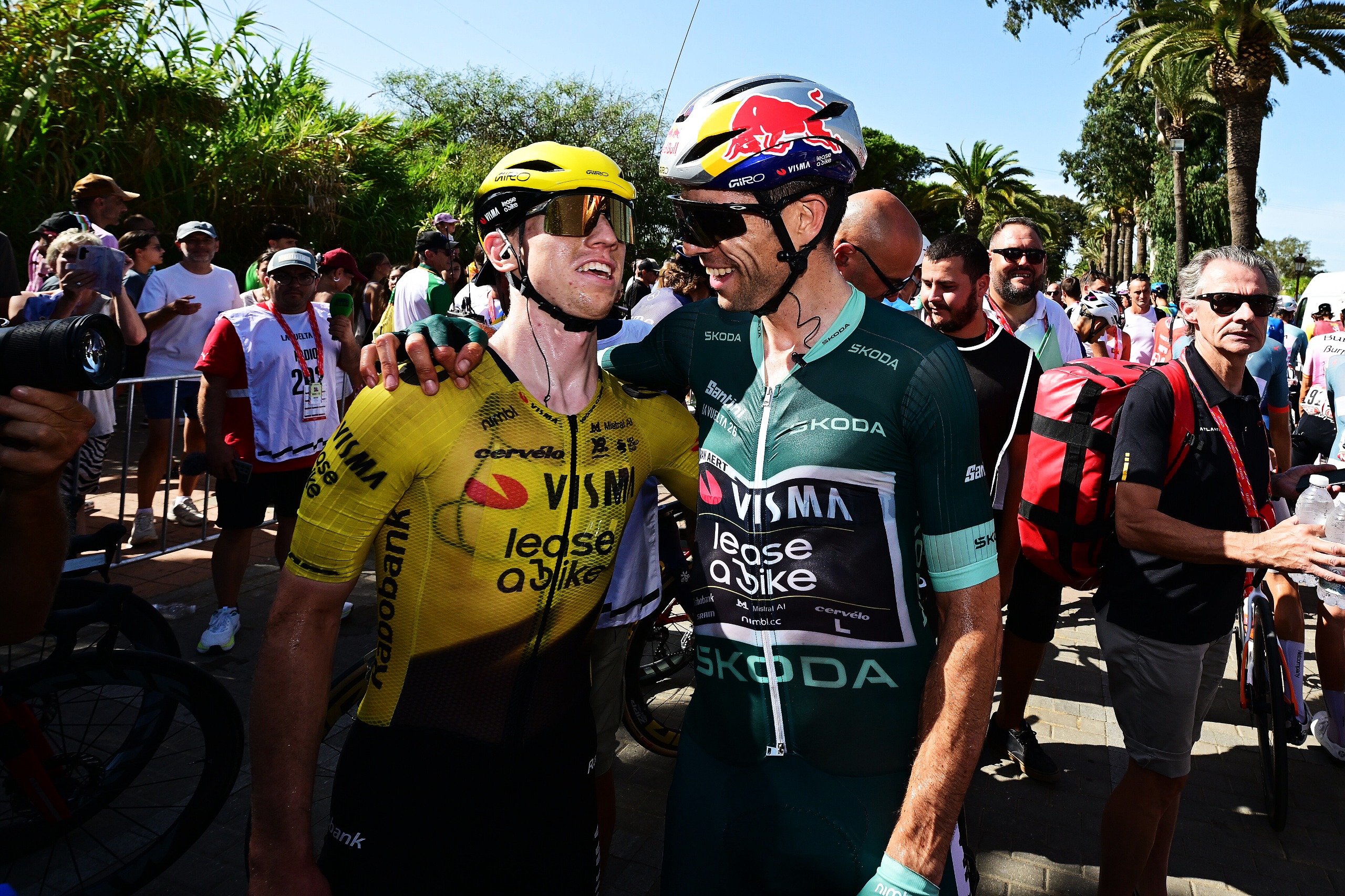 Stage winner Matthew Brennan of Great Britain and Wout Van Aert of Belgium and Team Visma | Lease a Bike - Green points jersey react after the La Vuelta - 81st Tour of Spain 2026, Stage 16 a 181.1km stage from Cortegana to Monasterio de La Rabida - Palos de la Frontera / #UCIWT / on September 08, 2026 in Palos de la Frontera, Spain. (Photo by Tim de Waele/Getty Images)