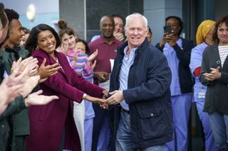 Sunetra Sarker and Derek Thompson filming Charlie Fairhead's final scenes.