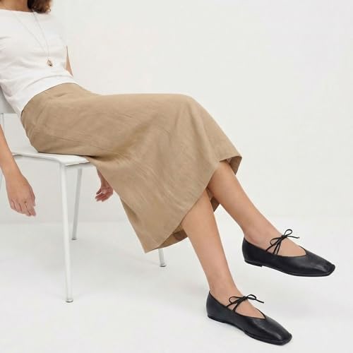 Vorisvina Lace Up Square Toe Ballet Flats for Women Cute Bow Slip on Mary Jane Flats Casual Ballerina Shoes Black