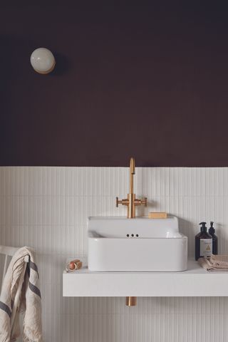 Dark Brown bathroom with white splashback and white sink