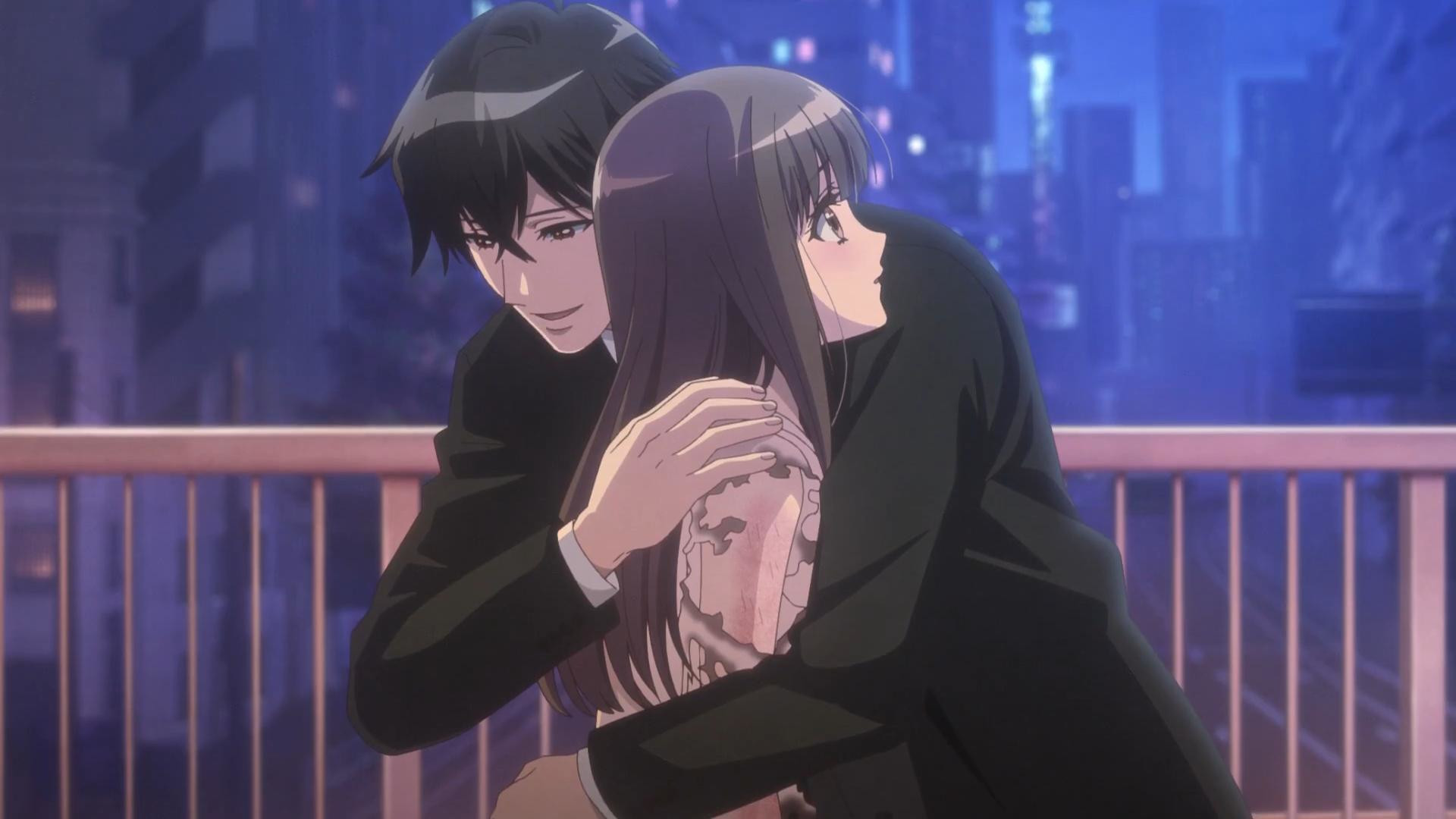 Reiya Kiryuin hugging Yuzu Shinonome during one of the best romance anime on Crunchyroll, The Ogre's Bride