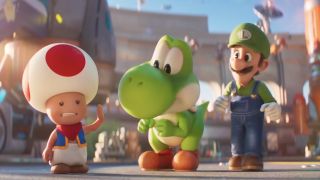 Luigi and Yoshi talking to Toad in The Super Mario Galaxy Movie