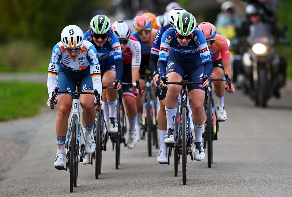 EDE NETHERLANDS OCTOBER 11 LR Franziska Koch of Germany and Team dsmfirmenich PostNL and Ally Wollaston of New Zealand and AG Insurance Soudal Team compete during the 26th Simac Ladies Tour 2024 Stage 4 a 1182km stage from Ede to Ede UCIWWT on October 11 2024 in Ede Netherlands Photo by Luc ClaessenGetty Images