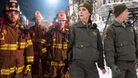 From left to right: Bode, Manny and Brett in Fire Country in fire gear and Mickey and Boone in winter gear in Sheriff Country.