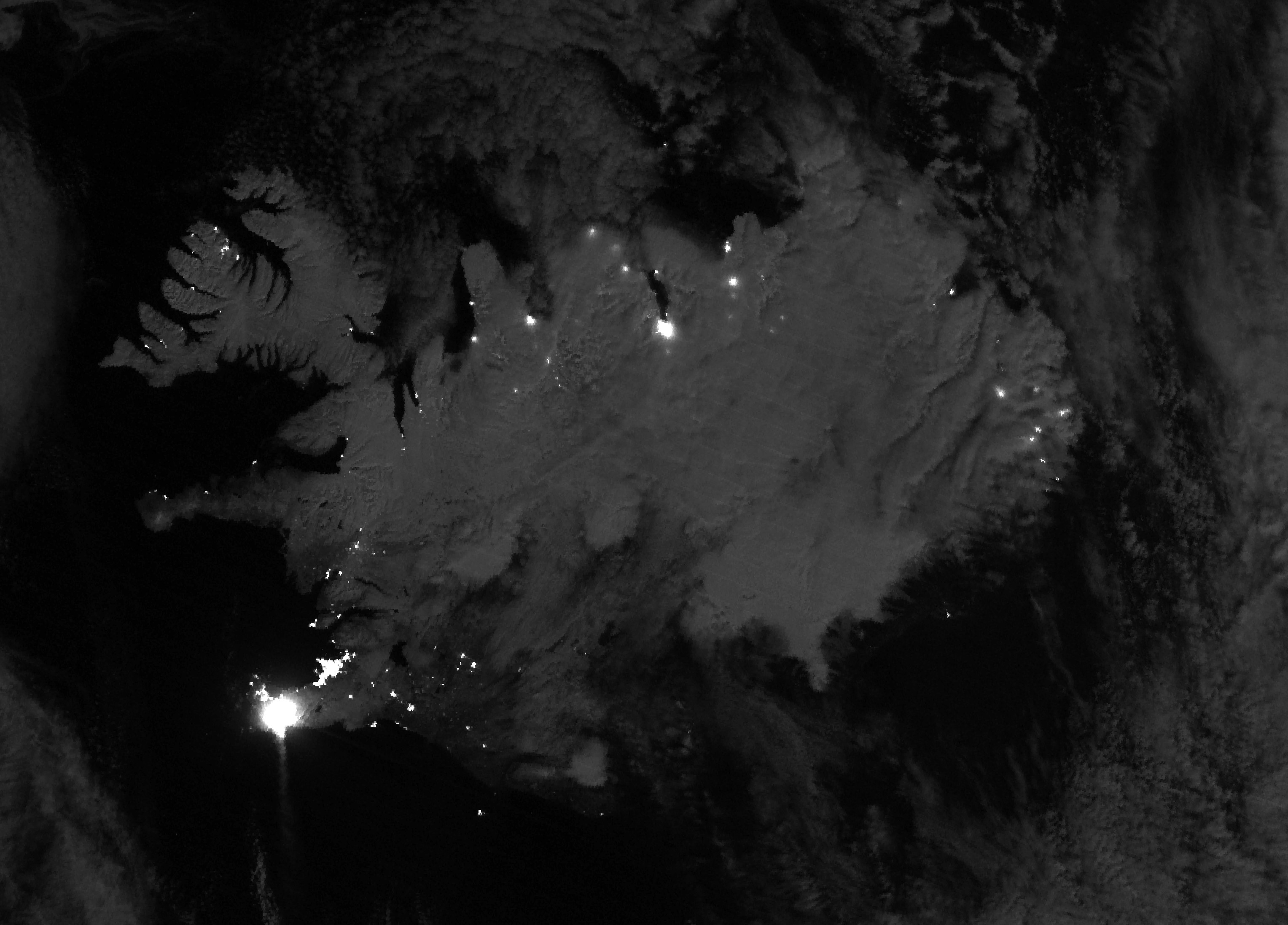 The fissure glows brighter than nearby Reykjavík in this infrared image taken by NASA's Suomi NPP satellite.