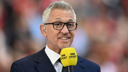 Gary Lineker at the 2022 FA Cup Semi Final between Manchester City and Liverpool