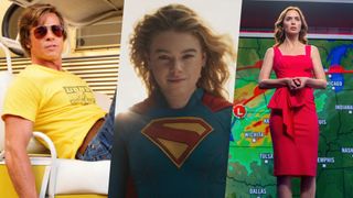 A photo collage containing the following (L-R): Brad Pitt as Cliff Booth in "Once Upon a Time in Hollywood." Milly Alcock in costume in "Supergirl" and Emily Blunt in front of a weather map a scene from Steven Spielberg's "Disclosure Day"