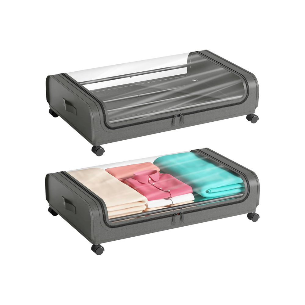 Two grey underbed storage containers with wheels and a clear window
