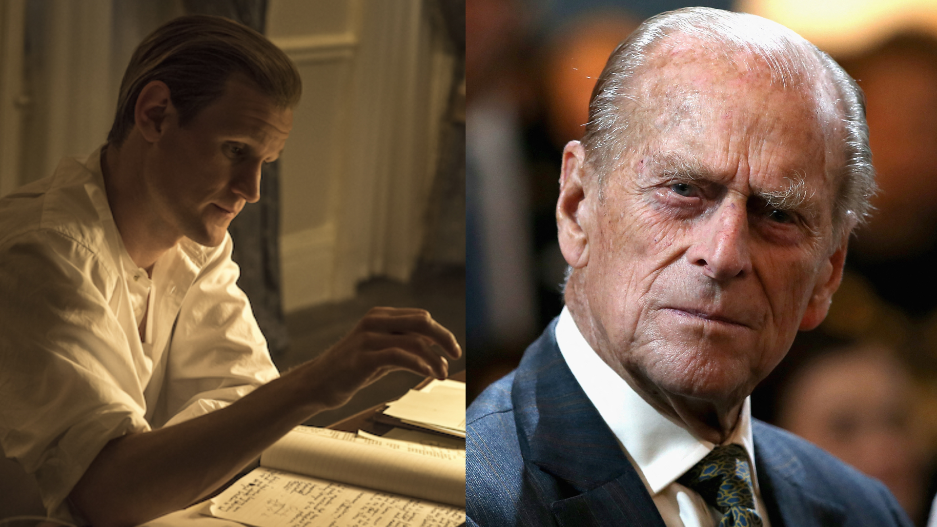 Matt Smith as Prince Philip, sitting at a desk in a white shirt; Prince Philip in a suit and tie 